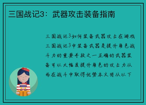 三国战记3：武器攻击装备指南